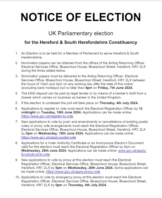 Notice of election UK Parliamentary North and South Herefordshire